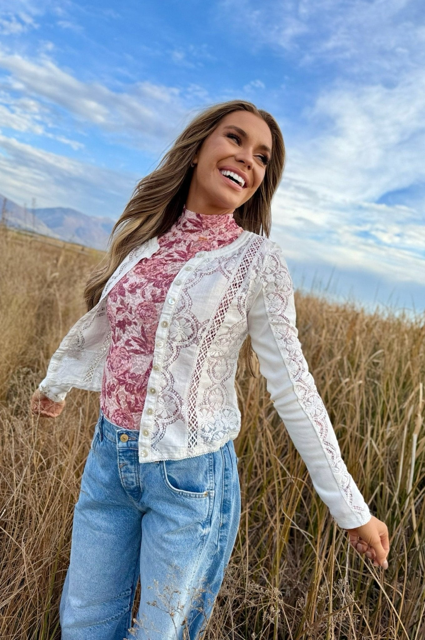 Free People Jae Sheer Lace Knit Long Sleeve Top