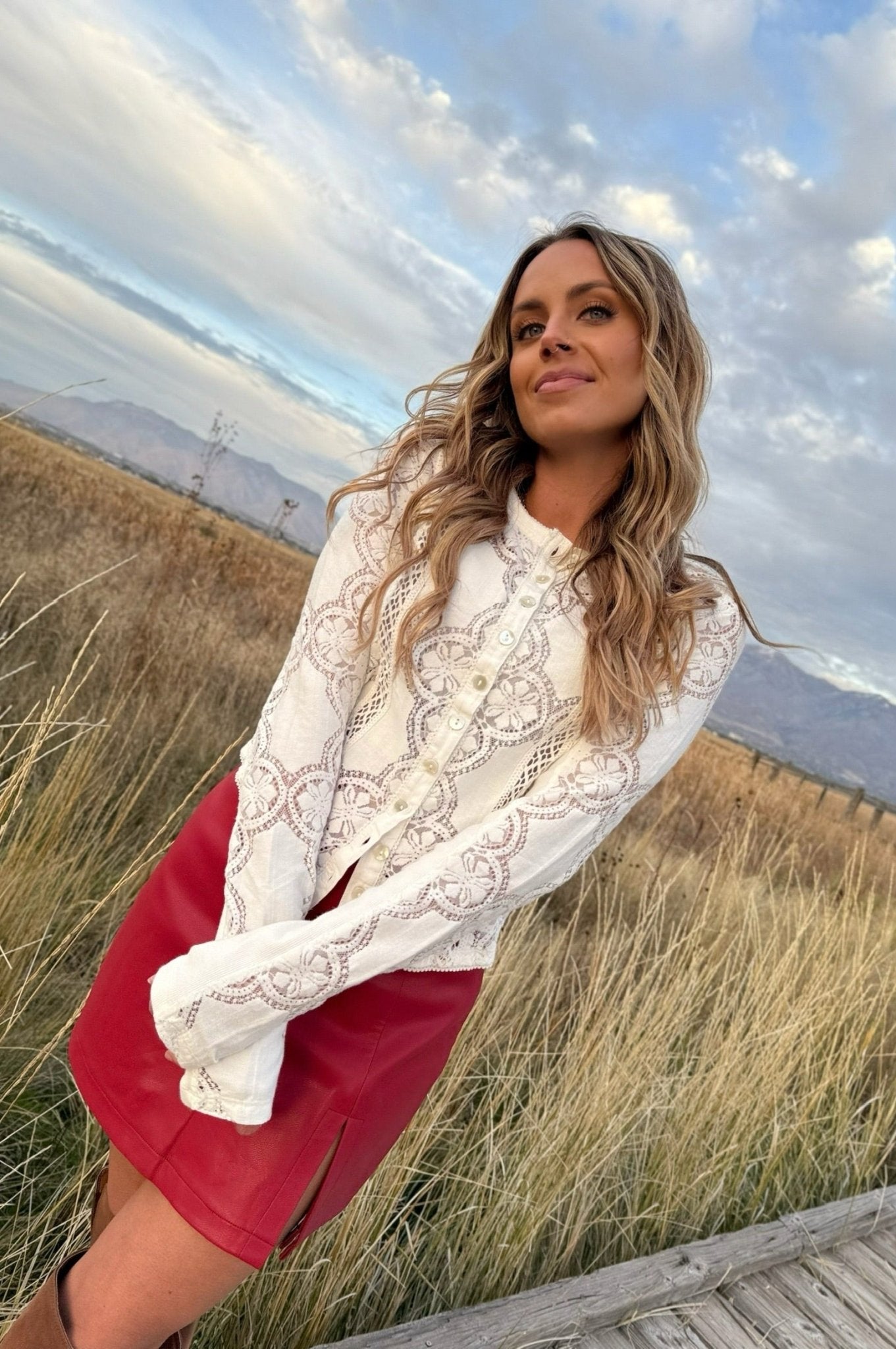 Free People Jae Sheer Lace Knit Long Sleeve Top