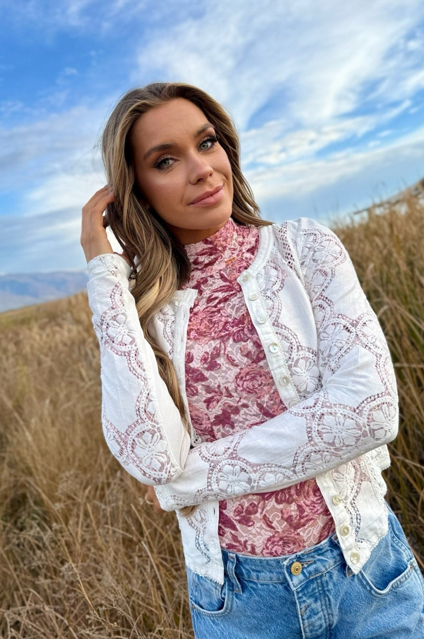 Free People Jae Sheer Lace Knit Long Sleeve Top