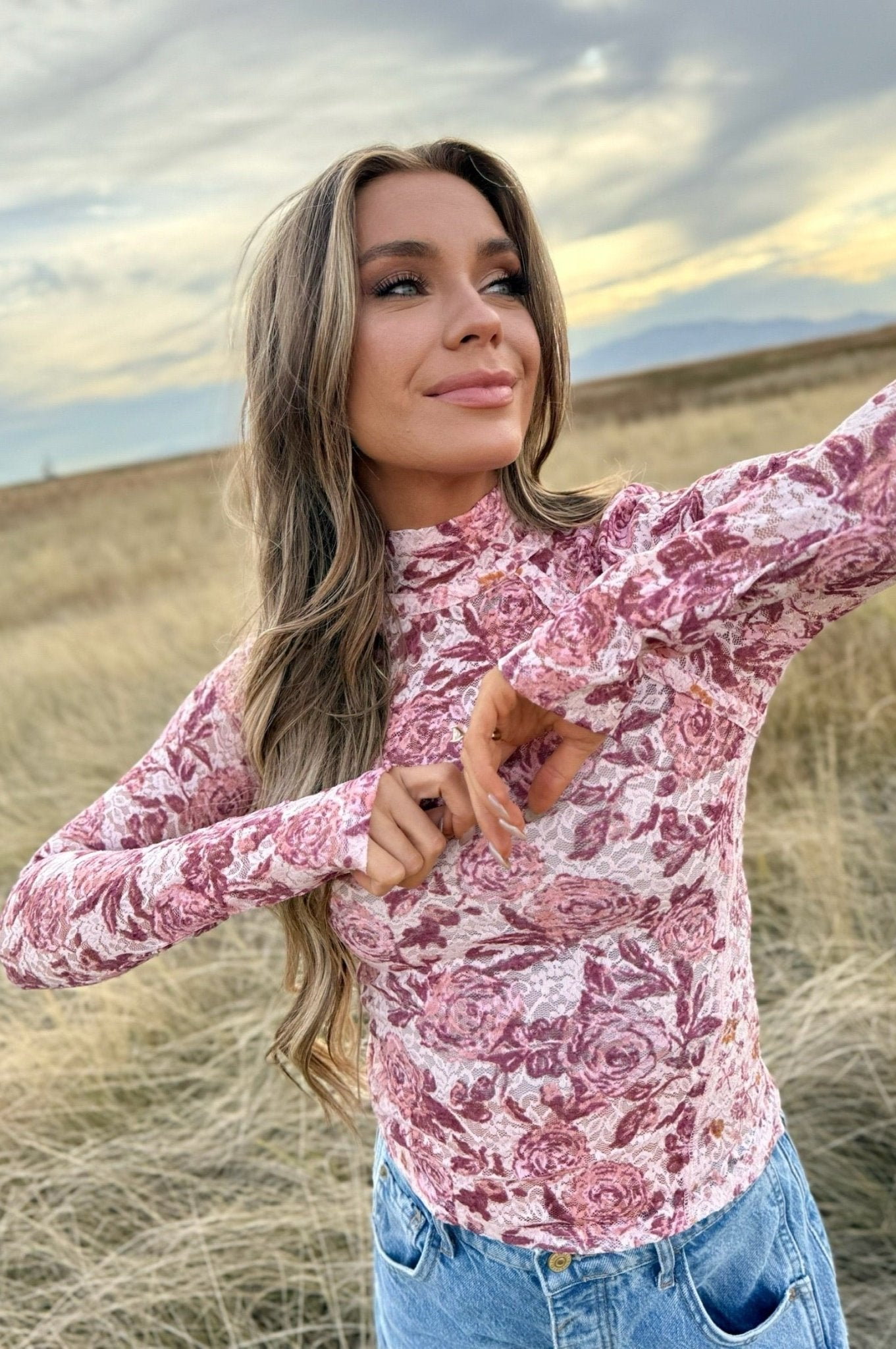 Free People Lyric Sheer Lace Long Sleeve Turtleneck Top