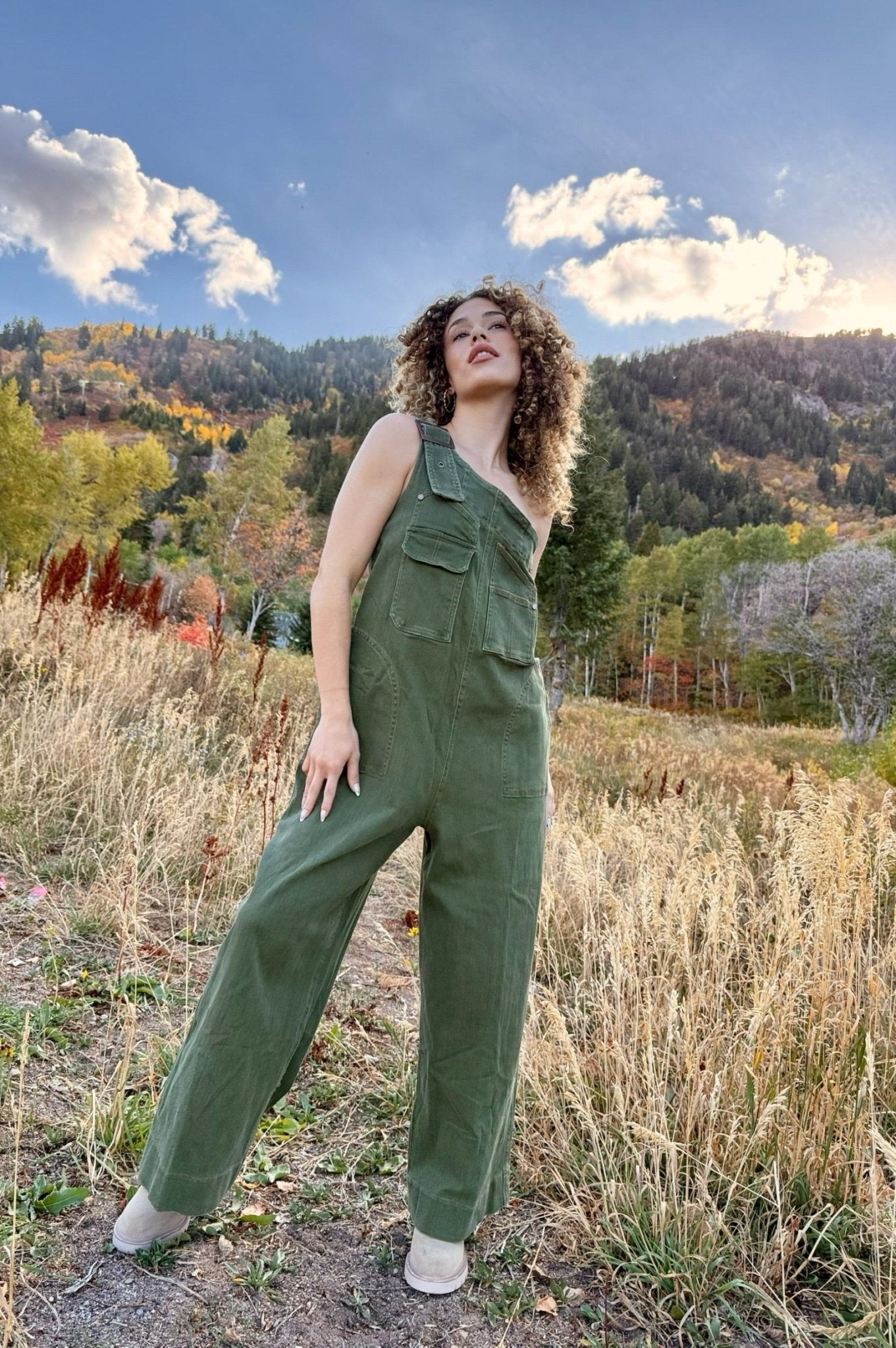 One shoulder overalls, womens overalls, jumpsuit, denim, utility overalls, olive overalls