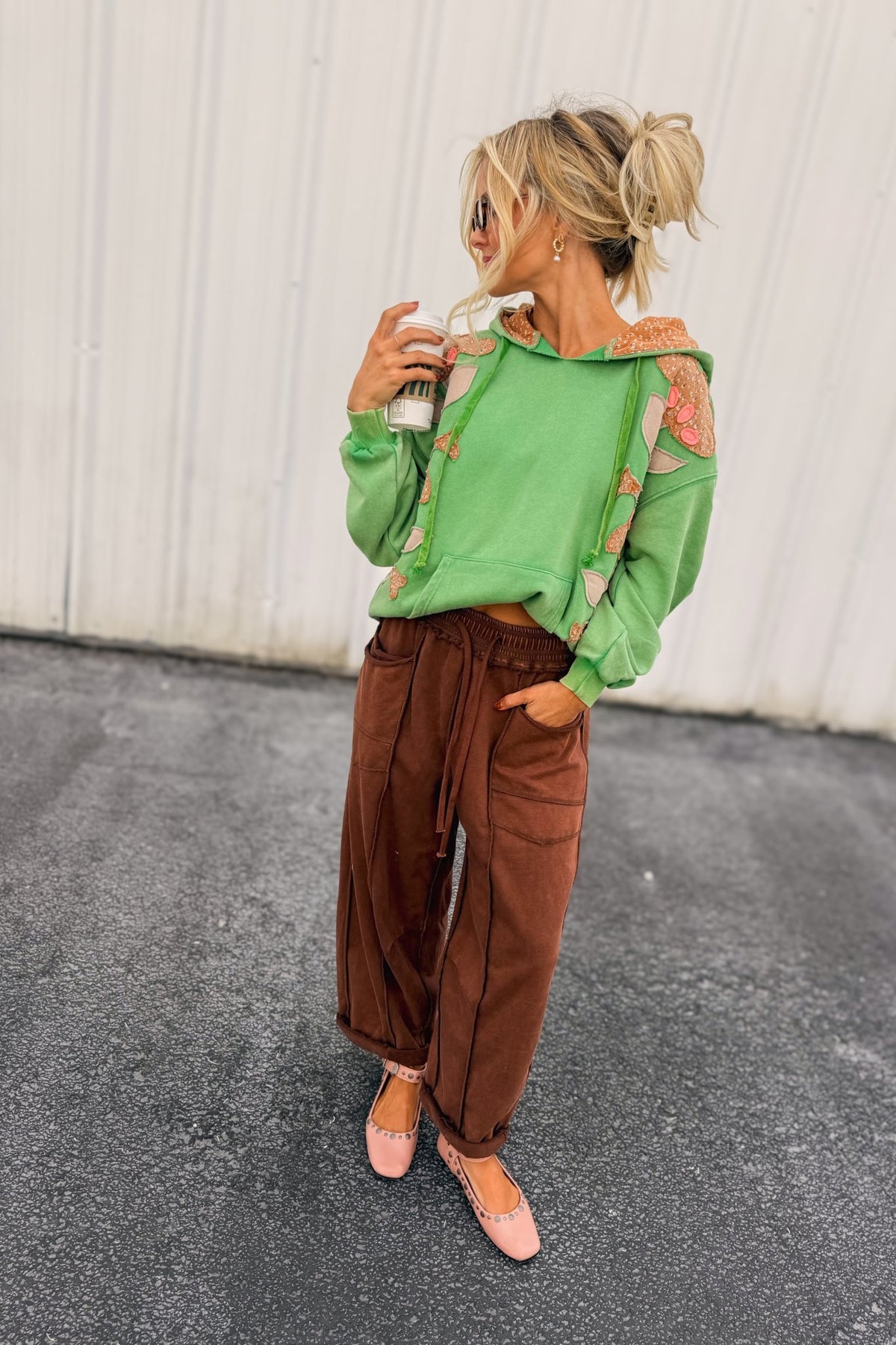 POL applique floral hoodie with lined hood 