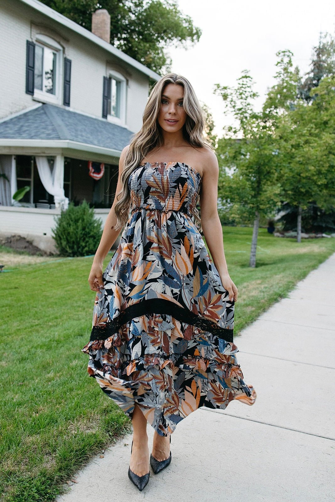 strapless crocheted open back maxi dress