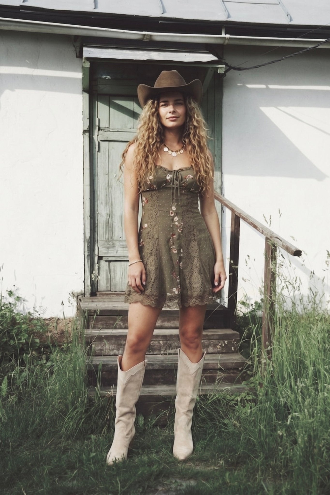 Olive floral fit-and-flare mini dress with lace panel detailing, sweetheart neckline, adjustable spaghetti straps, and lace trim hem.