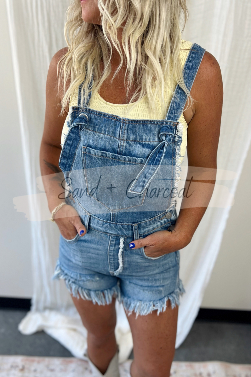 Savannah Denim Overalls Shorts Sand Charcoal