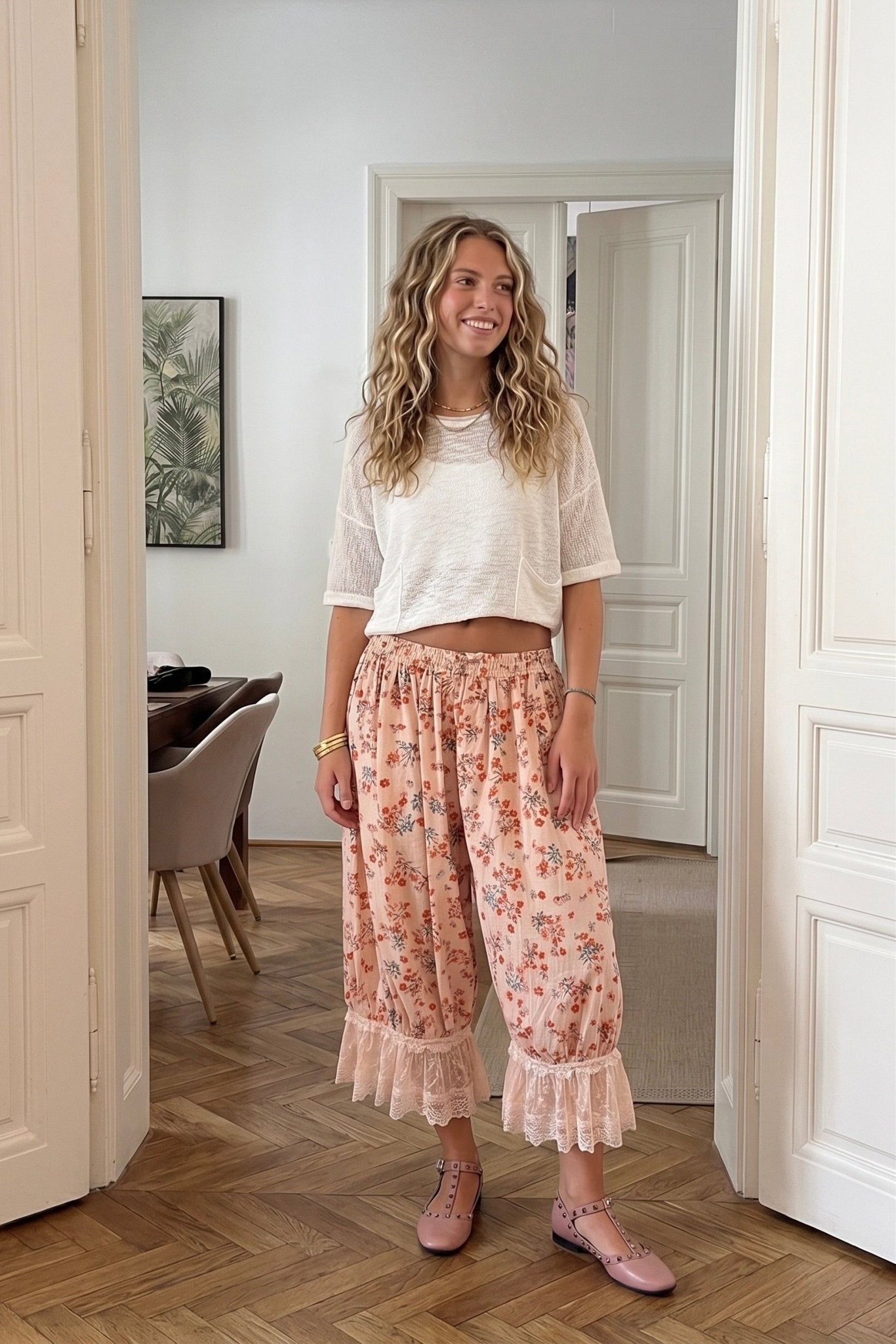 Floral bloomer pants with lace hem. Drawstring waist. Lounge pants with a touch of lace.