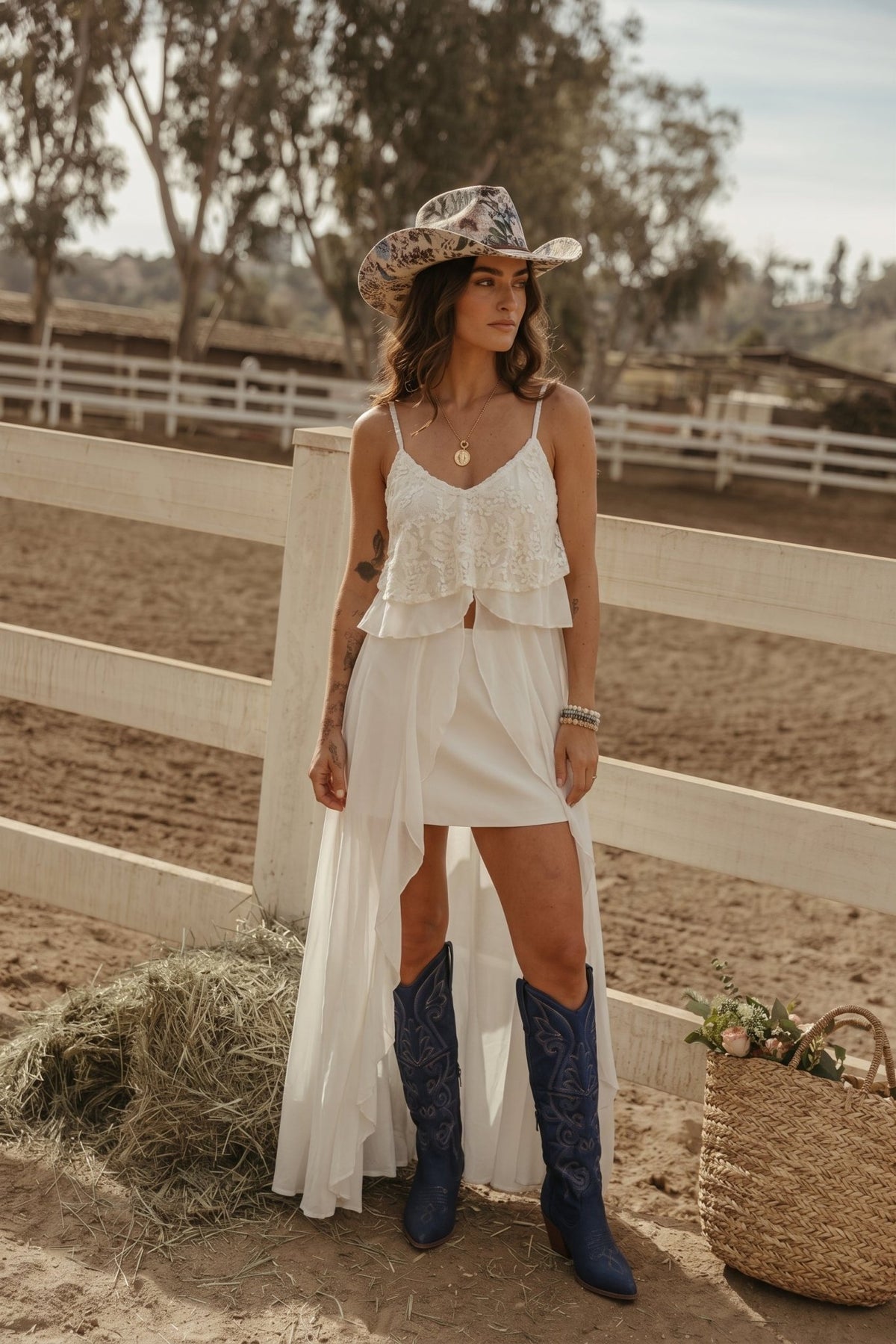 White sequin ruffle cami duster maxi top with lace detailing, adjustable spaghetti straps, layered bodice, and sheer flowy open-front skirt.