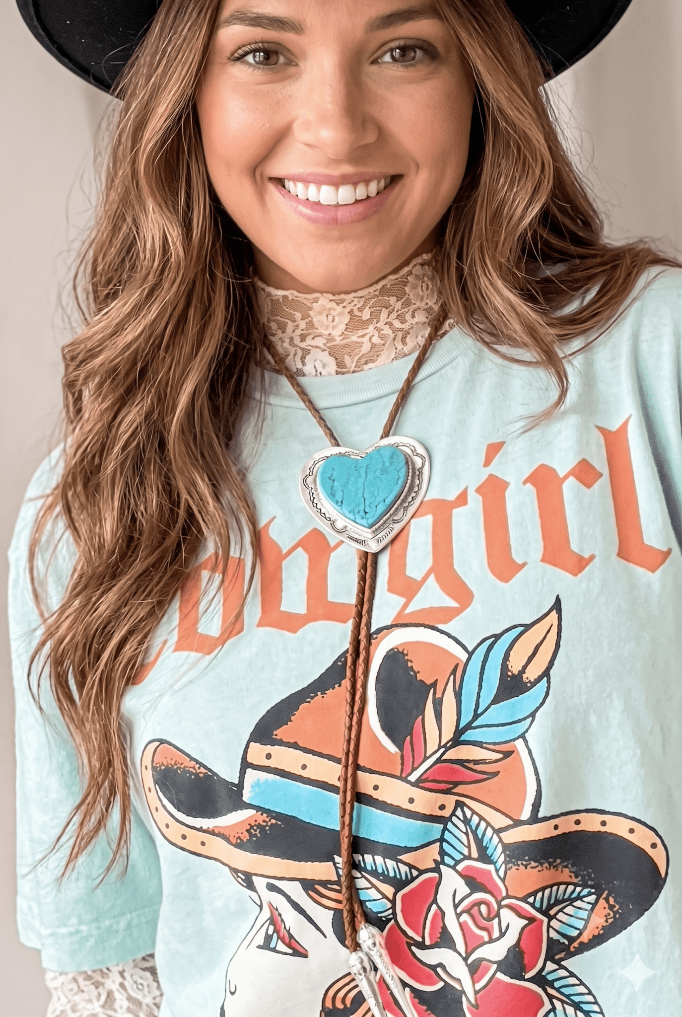 Turquoise bolo tie, heart pendant, silver and turquoise. Perfect for accessorizing country concert, rodeo, and festival fits.