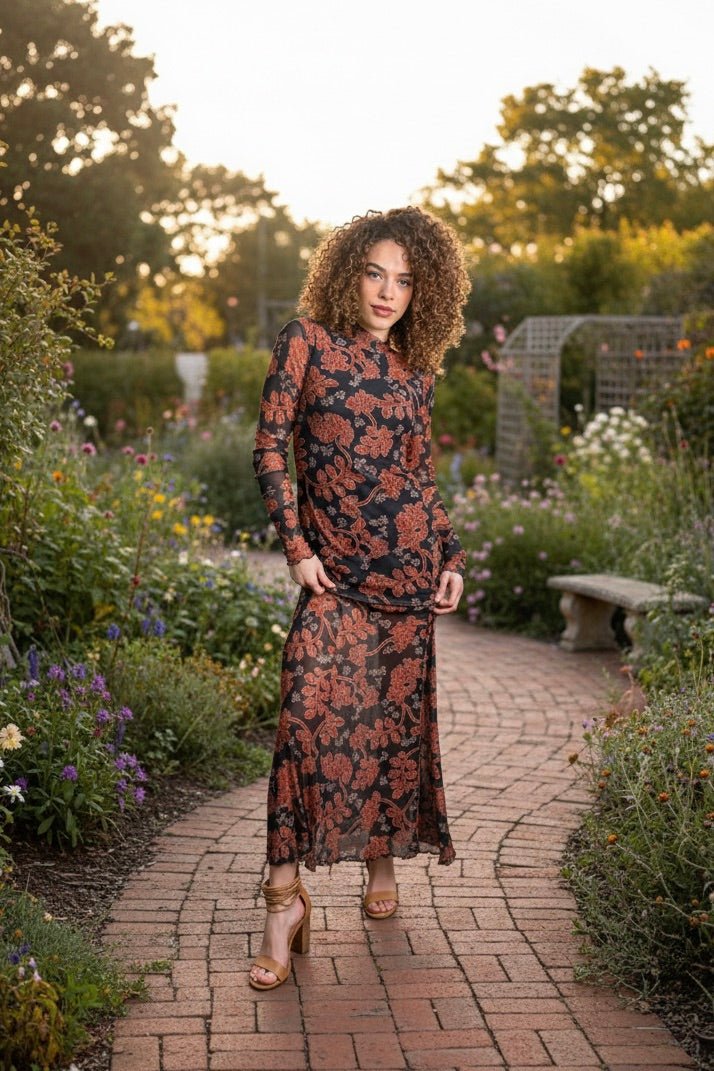 floral maxi dress, mesh maxi dress, wedding guest dress, long sleeve floral dress, fall fashion, mock neck maxi, vintage inspired dress, moody floral print