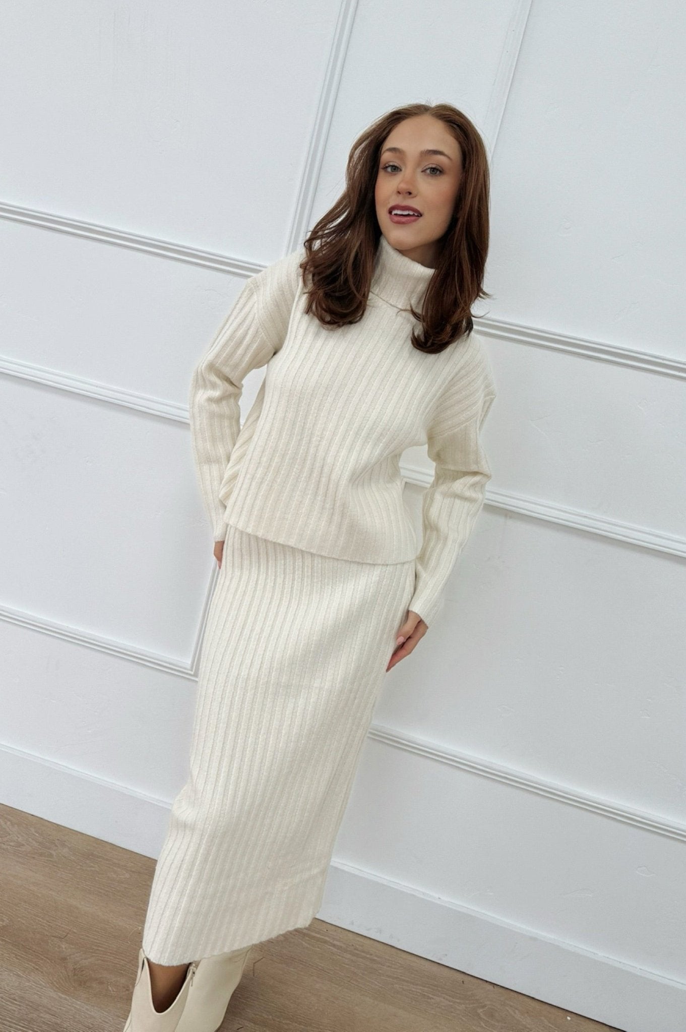 Knit ribbed midi sweater skirt with matching long sleeve turtleneck