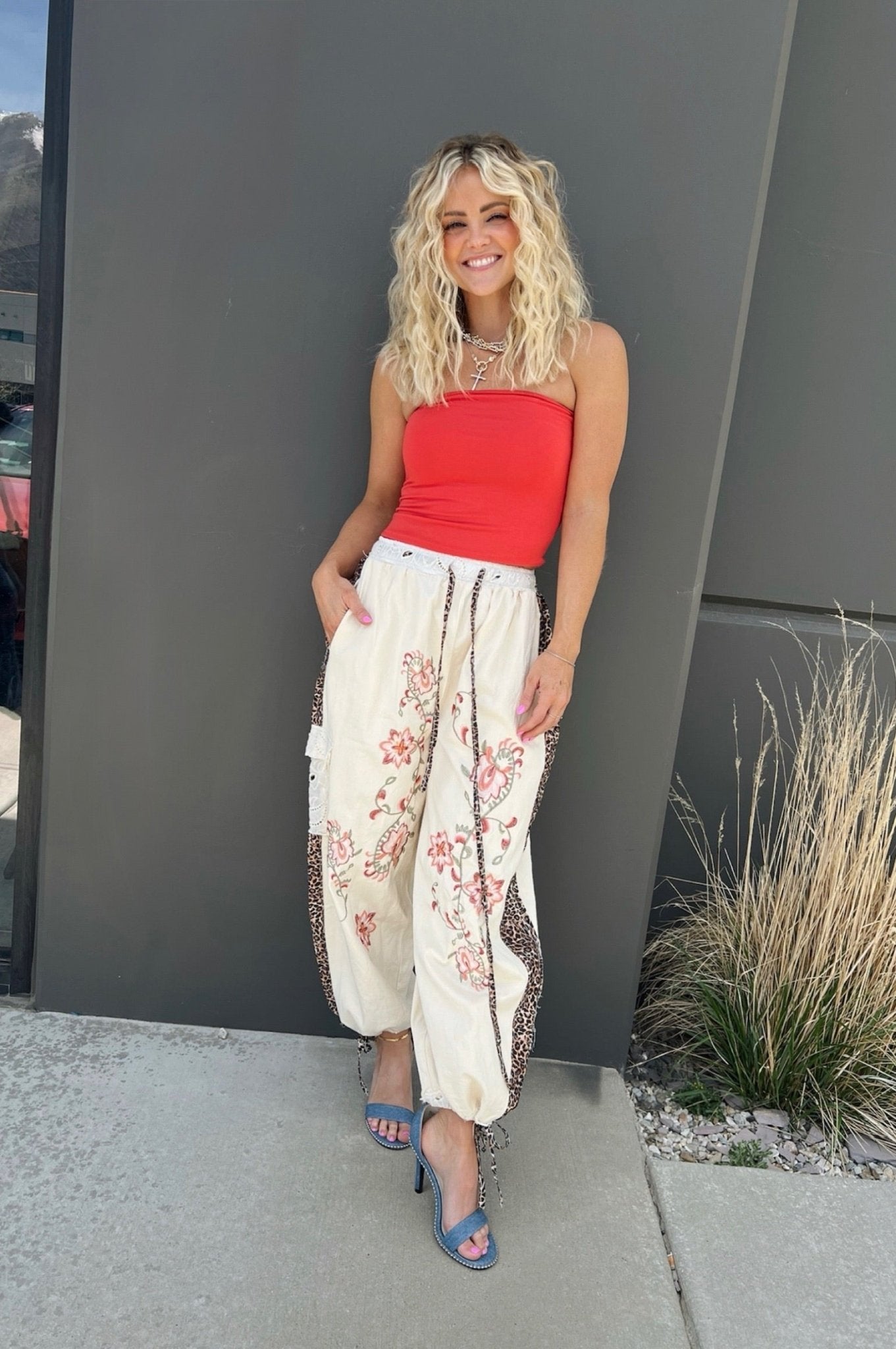 Boho balloon pants, floral embroidered trousers, leopard trim joggers, vintage market style, festival outfit ideas, oversized boho pants, slouchy embroidered pants.