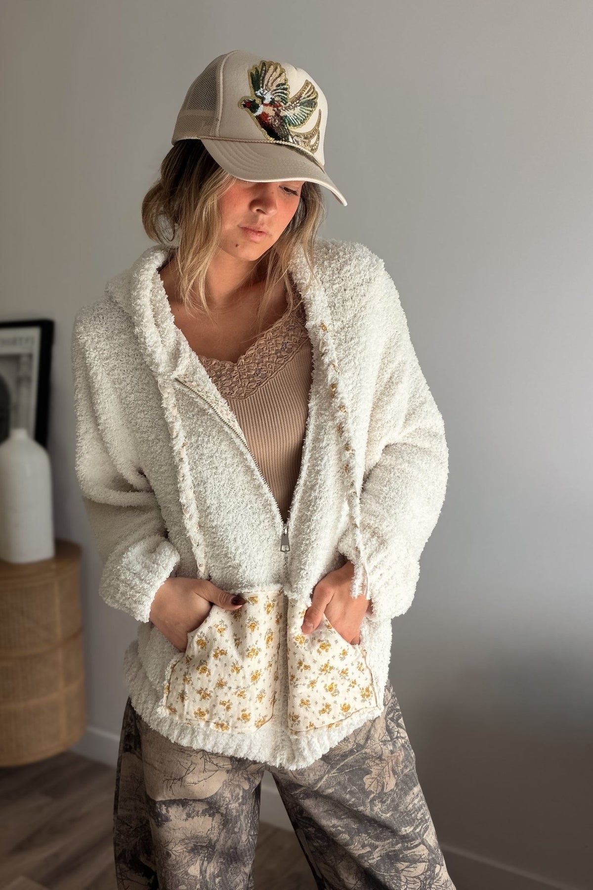 sherpa type soft zip up jacket with contrast floral pockets
