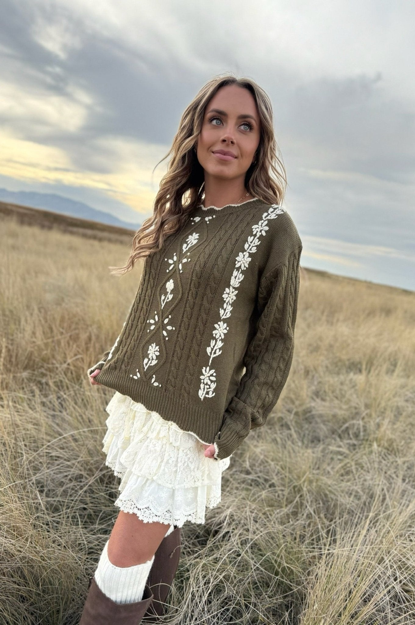 Whimsical Floral Embroidered Cable Knit Sweater, Womens Olive Knit Sweater, Womens Cable Knit Sweater