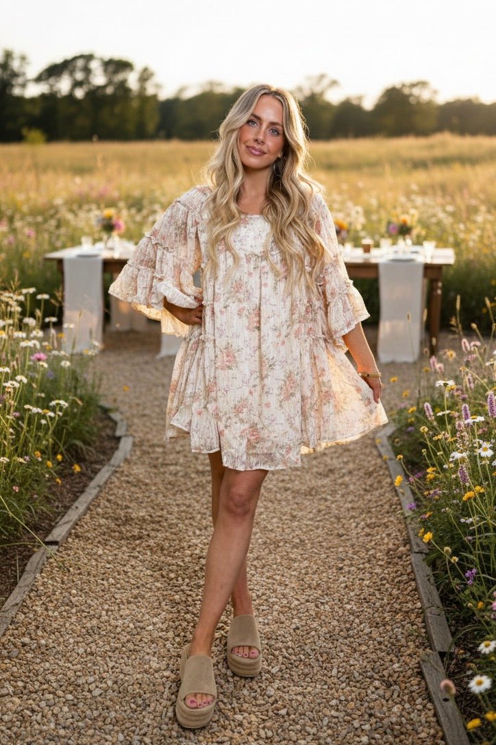 floral mini dress, chiffon ruffle dress, flare sleeve dress, spring wedding guest dress, boho garden party dress, summer brunch outfit, romantic floral dress