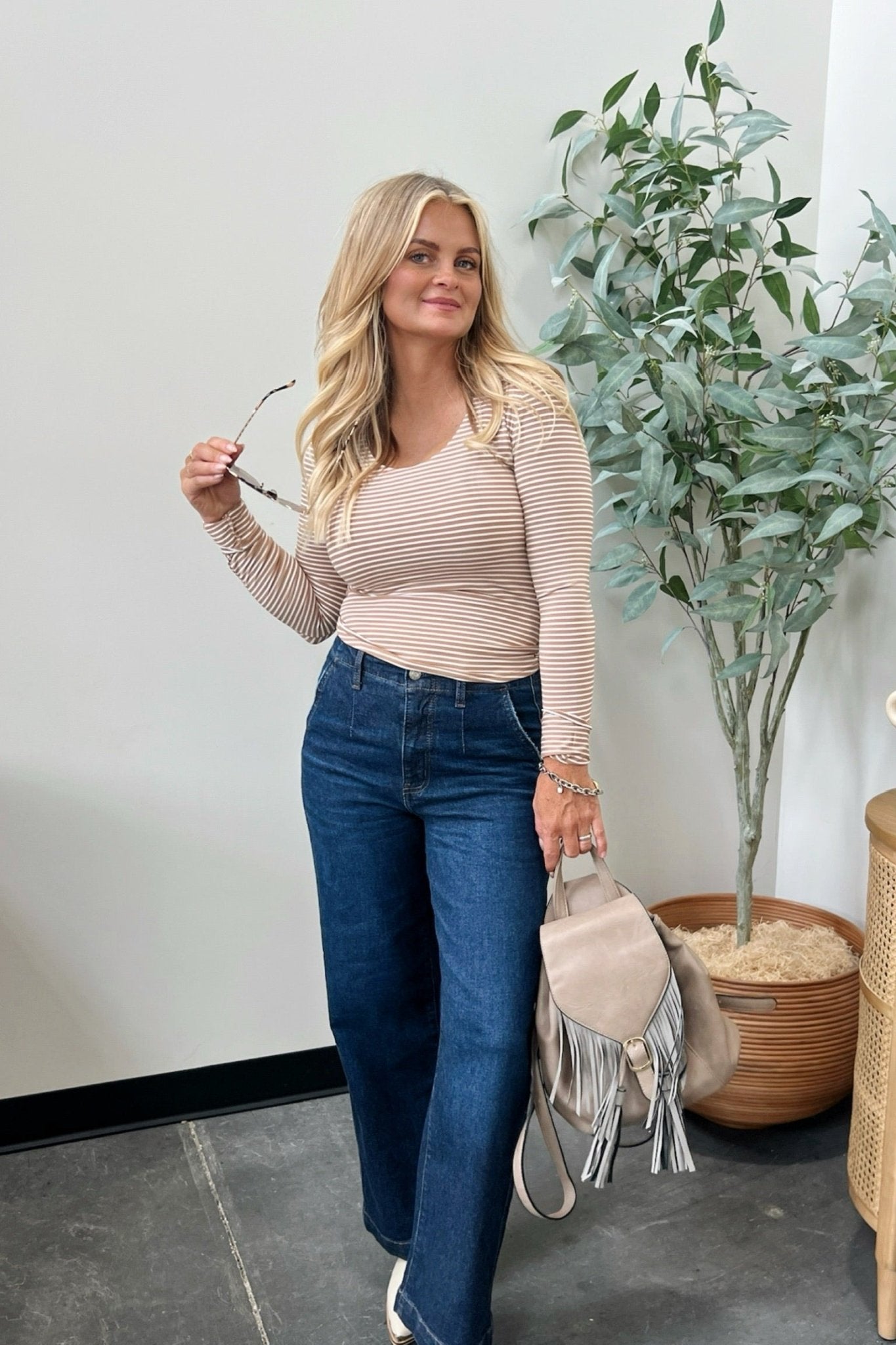 scoop neck double lined striped long sleeve top