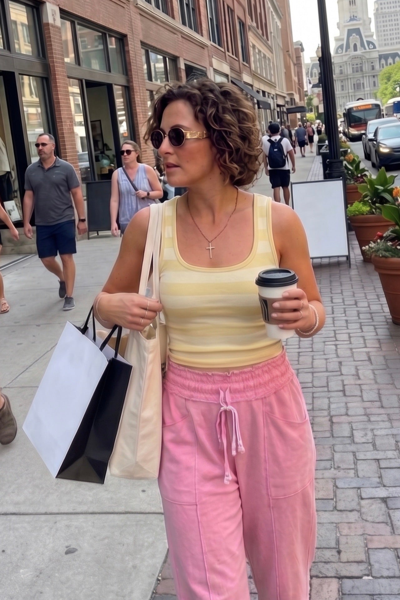 Butter yellow striped fitted tank top with wide straps and a scoop neckline styled with pink lounge pants for a casual summer outfit.