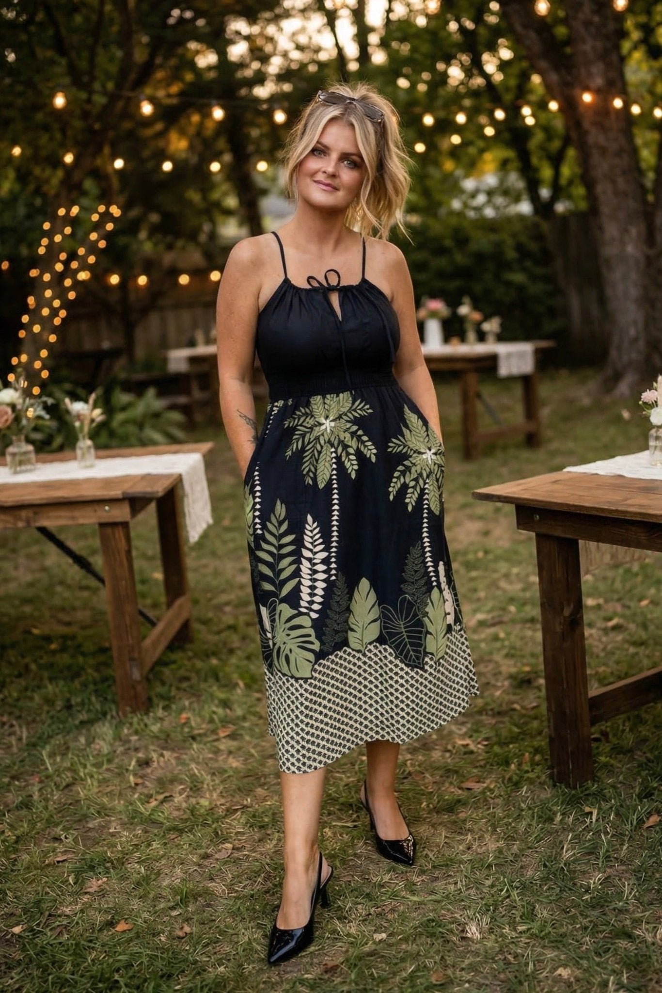 Sun Drenched Tunnel Shoulder Tie Midi Dress