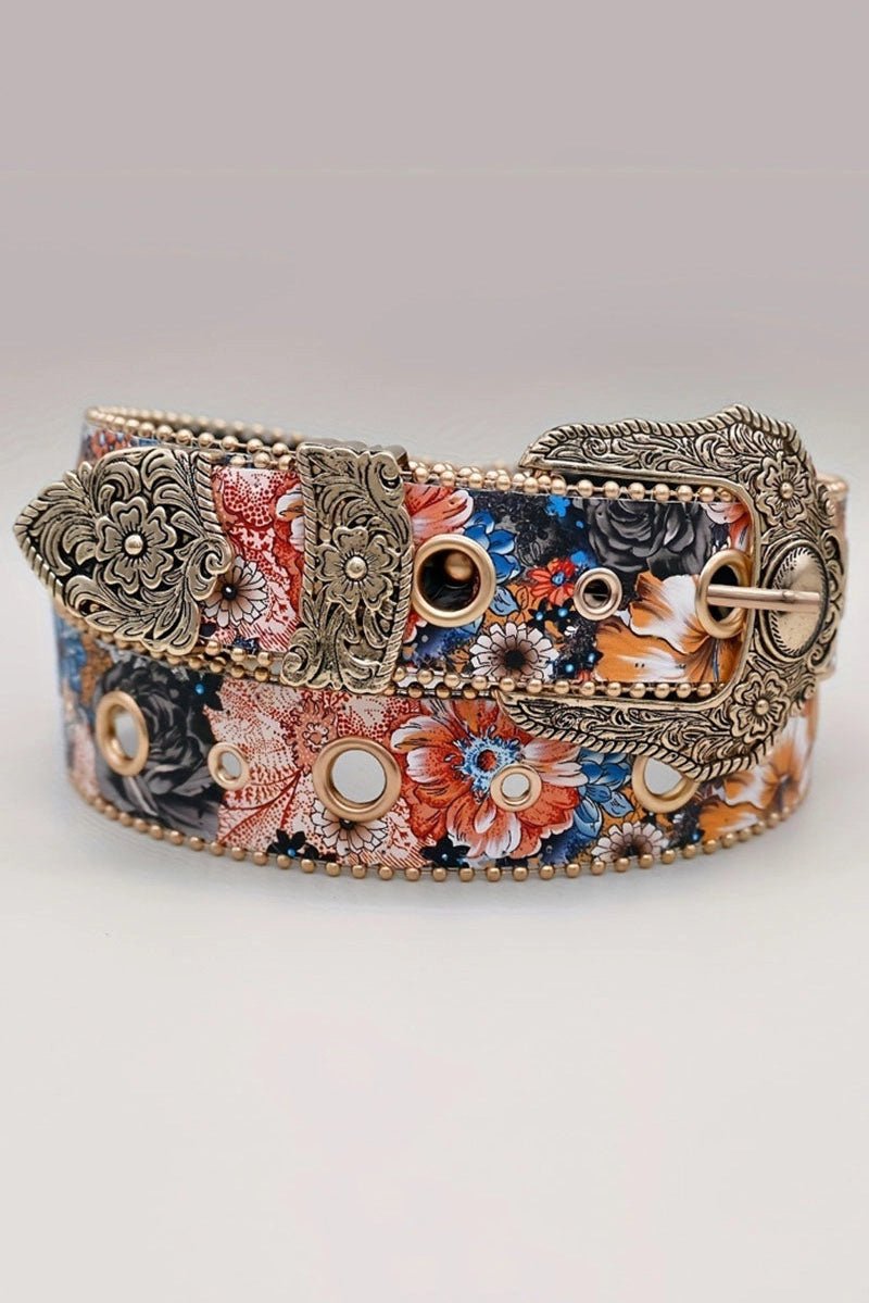Wide multicolor floral Western PU belt with ornate antique-style engraved buckle, decorative metal hardware and studded edging.