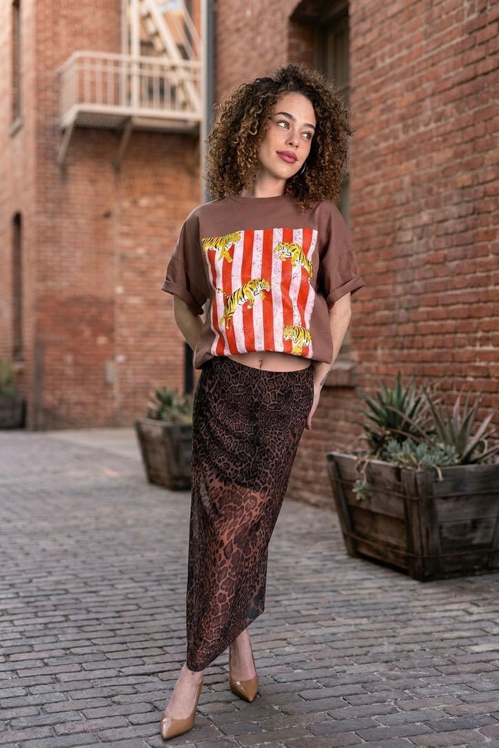 Oversized graphic tee, tiger print t-shirt, women's aesthetic streetwear, striped tiger shirt, soft cotton graphic tee, effortless style top, The Painted Jungle tee, boutique graphic t-shirts.