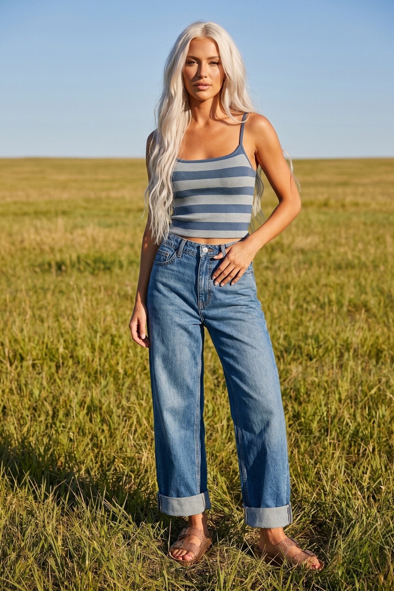 Navy and light blue striped cropped tank top featuring a fitted silhouette, thin straps, and soft stretch knit fabric. A versatile summer basic perfect for Americana outfits, casual weekends, and everyday layering.