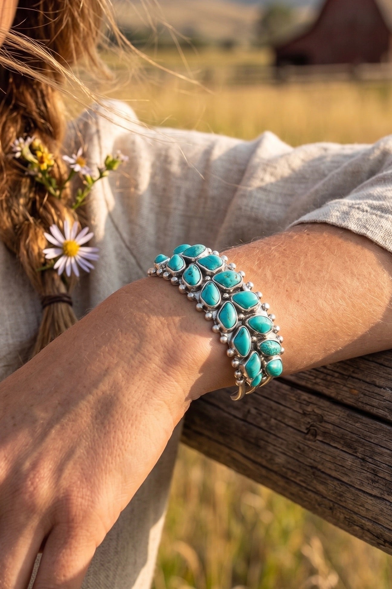 Double-layer turquoise cuff bracelet featuring natural turquoise stones set in an antique silver-tone western-inspired cuff design.