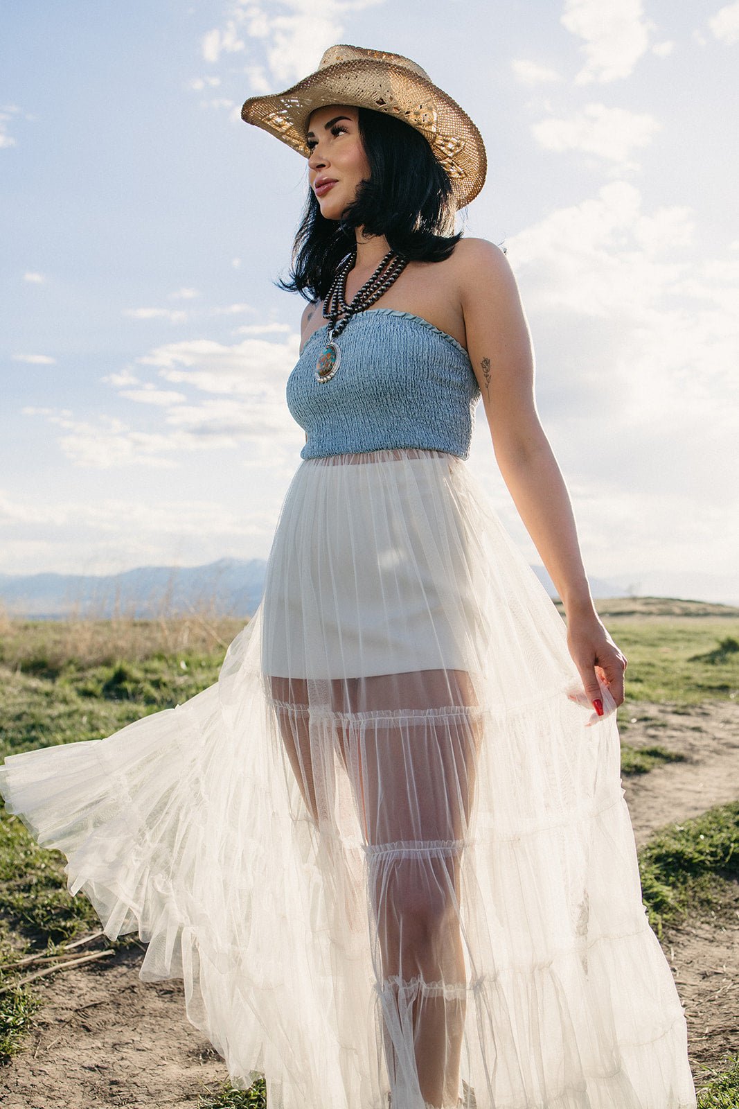 Sheer lace dress, layering maxi dress, boho festival outfit, smocked strapless dress, beach coverup maxi, bohemian style, wanderlust fashion, lace overlay dress.
