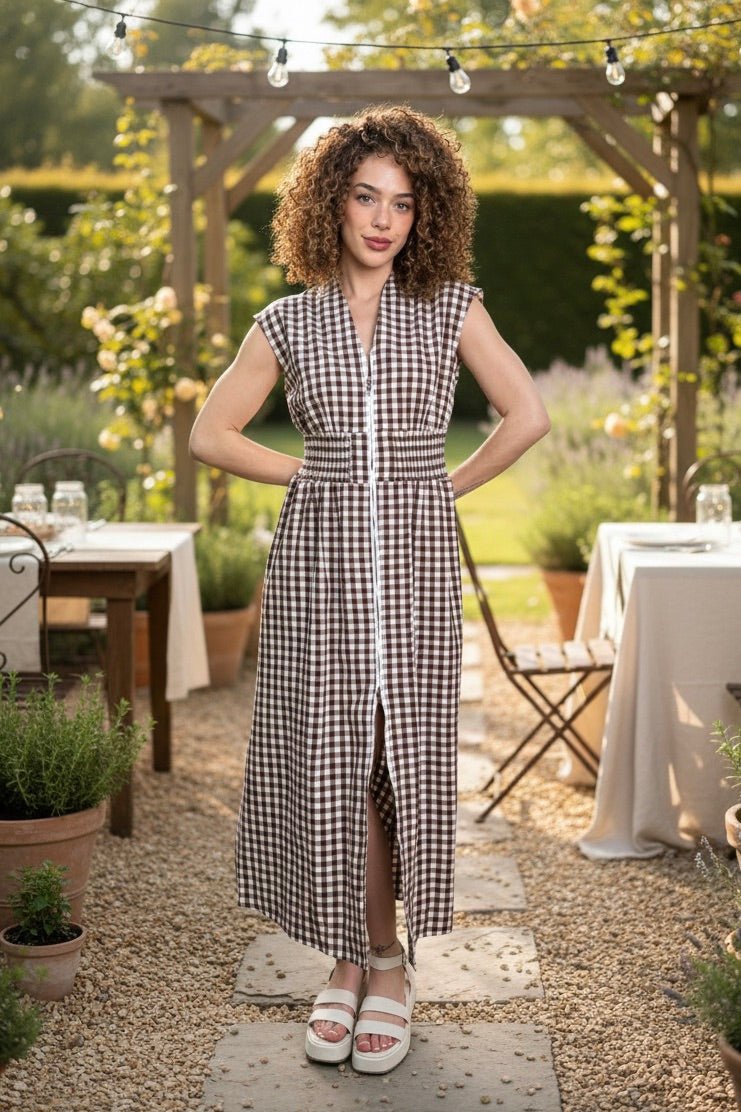 Gingham maxi dress, front zip dress, plaid waist dress, retro sleeveless maxi, brown gingham dress, women's flare maxi, fall transition dress, boutique midi dress