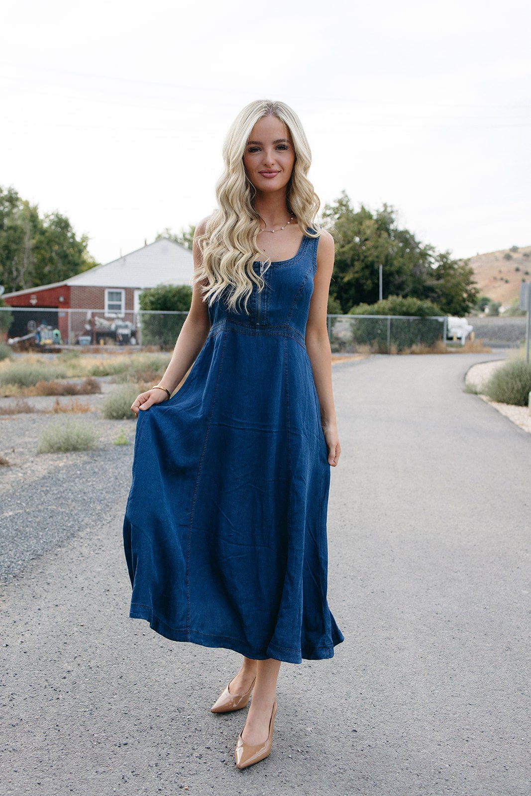 a line front zip up denim tank top dress